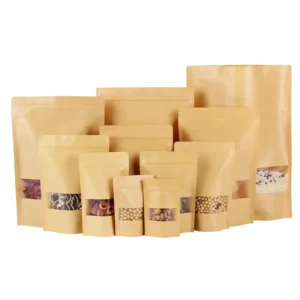 Custom Printed Brown Kraft Paper Stand-Up Pouch Bags with Clear Window for Candy, Cookies, and Coffee Beans