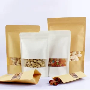 Custom Printed Brown Kraft Paper Stand Up Pouch Biodegradable Ziplock Food Packing Bags with Window Plastic Bag