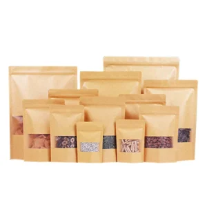 Custom Printed Brown Kraft Paper Stand-Up Pouch Reuse Ziplock Food Packing Bags With Window Plastic Bag