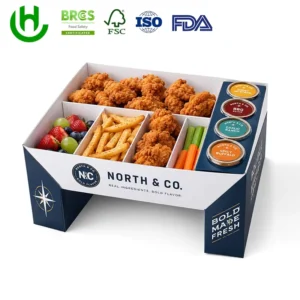 Custom Printed Cardboard Finger Food Serving Tray with Dividers for Appetizers, Snacks, and Dipping Sauces