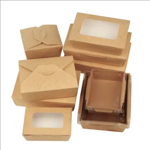 Custom Printed Clear Window Food Grade Disposable Kraft Paper Salad Container Box Embossing Matt Lamination for Potato Chips