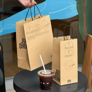 Custom Printed Eco-Friendly Disposable Biodegradable Recyclable Takeaway Coffee Packaging Kraft Paper Bags Handles