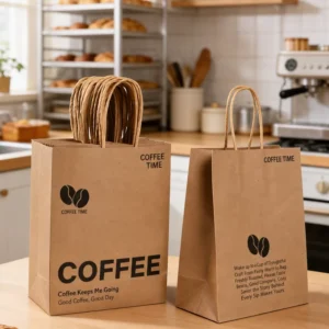 Custom Printed Eco Friendly Kraft Paper Bags with Reinforced Handles Strong Durable Takeaway Packaging Bags for Coffee Desserts