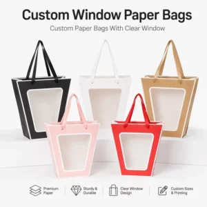 Custom Printed Eco-Friendly Recycled Biodegradable Recyclable Rectangular Kraft Paper Window Bags with Handles for Shipping, Bakery, and Gifts