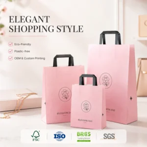 Custom Printed Flat Handle Paper Bag for Fast Food Takeaway Eco Kraft Bag With Strong Handle Supplier for Cafe OEM