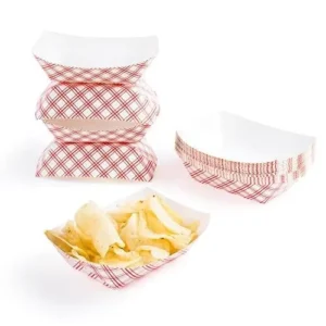 Custom Printed Folding Disposable Recyclable Kraft Paper Food Tray with Embossed Matte Lamination for Chips, Red and White