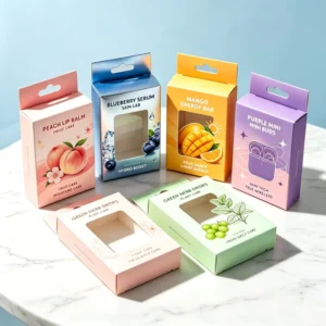Custom Printed Hang Tab Packaging Box Transparent Window Foldable Paper Hanging Display Gift Box for Cosmetics Snacks and Earbuds
