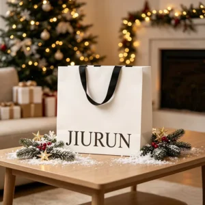 Custom Printed Ivory Matte Laminated Paper Shopping Gift Bag with Black Ribbon Handles for Christmas Party