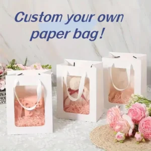 Custom-Printed Kraft Paper Bags with Clear Window and Screen-Printed Logo, White and Black