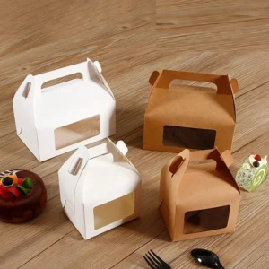 Custom Printed Kraft Paper Cake Box with Handle and Clear Window for Bakery Desserts