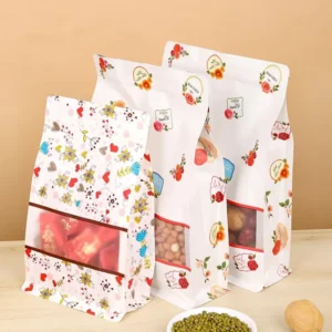 Custom Printed Kraft Paper Flat Bottom Packing Bags with Clear Window Eight Side Sealing Paper Pouches for Food Packaging