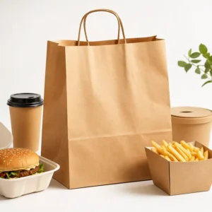 Custom Printed Kraft Paper Food Takeaway Bag with Handle for Restaurant Fast Food Delivery and Catering