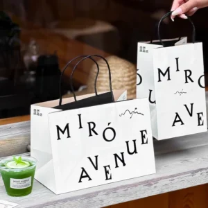 Custom Printed Kraft Paper Food Takeaway Bags with Handles, Food Grade Recyclable