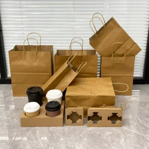 Custom Printed Kraft Paper Food Takeaway Tote Bag with Handle