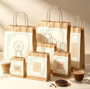 Custom Printed Kraft Paper Gift Bags With Handles Paper Bag Multi Sizes For Coffee Bakery Cake Shop Takeaway Packaging