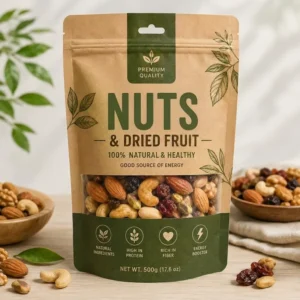 Custom Printed Kraft Paper Nuts Dried Fruit Flat Bottom Stand Up Pouch Reusable Zipper