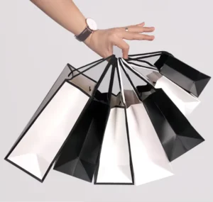 Custom Printed Kraft Paper Shopping Bags with Logo, White Black Cardstock