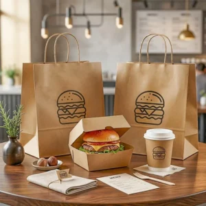 Custom Printed Kraft Paper Takeaway Bags with Handles Burger Fast Food Restaurant Bags