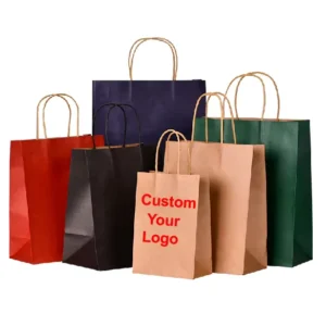 Custom Printed Kraft Shopping Paper Bags Eco Food Packaging Take Away Kraft Kraft Paper Bags Dark Blue With Ribbon Handles