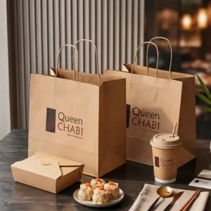 Custom Printed Logo Biodegradable Disposable Takeaway Restaurant Catering Food Packaging Kraft Brown Paper Bag