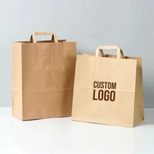 Custom Printed Logo Biodegradable Flat Handle Bag Coffee Food Takeout Kraft Paper Shopping Bags Packaging for Fast Food Takeaway