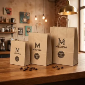 Custom Printed Logo Biodegradable Gift Shopping Bags with Handle Coffee Milk Tea Food Takeaway Packaging Brown Kraft Paper Bags
