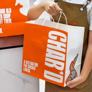 Custom Printed Logo Biodegradable Recyclable Kraft Paper Takeaway Bags with Handles for Fast Food