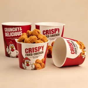 Custom Printed Logo Disposable Round Paper Bucket with Lid for Takeaway Snacks, Fried Chicken, and Chips
