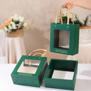Custom Printed Logo Gift Window Paper Boxes with Handle, Glossy Lamination, Embossing, and Recyclable Material