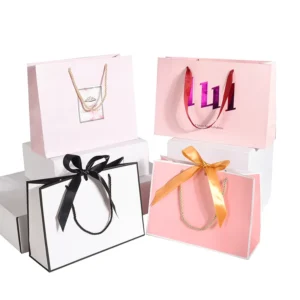 Custom Printed Logo Luxury Clothing Packaging Paper Bags Boutique Gift Bags With Ribbon Rope