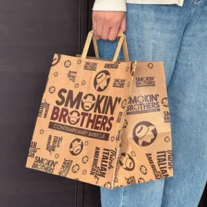 Custom Printed Logo Luxury Eco-friendly Recycled Kraft Paper Food Takeaway Gift Bags with Handle Ribbon Flexographic Printing