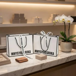 Custom Printed Logo Paper Gift Bags with Ribbon Bow Handle for Boutique and Perfume Shopping