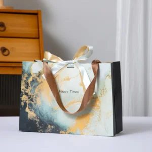 Custom Printed Logo Recyclable White Card Paper Bags with Ribbon Handles for Boutique Retail Packaging