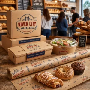 Custom Printed Pastry Boxes Meal Containers and Greaseproof Paper for Bakery Cafe Food Packaging