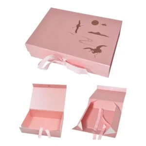 Custom Printed Pink Magnetic Gift Box with Satin Ribbon Foldable Rigid Paper Packaging Box with Logo for Gift