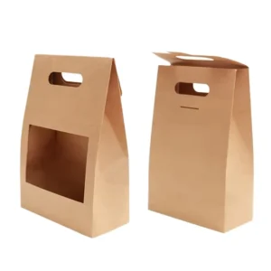 Custom Printed Recycled Kraft Paper Takeout Bags with Window Recycled Kraft Food Grade Takeaway Large MOQ Paper Bag