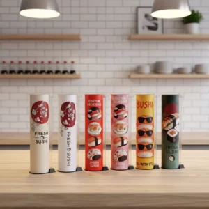Custom Printed Retail Ready Push Pop Paper Canister Packaging for Food Brand Sushi Paper Tube with Sauce Bottle