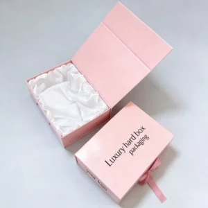 Custom Printed Rigid Magnetic Gift Box with Ribbon Closure, Pink, Stain Lining
