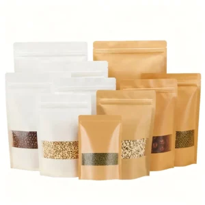 Custom Printed White Brown Kraft Paper Zipper Stand up Pouch Packaging Food Doypack Bag with Window for Snack Candy