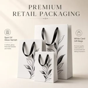 Custom Printed White Card Paper Gift Bags with Spot UV Varnish and Satin Ribbon Handles for Retail