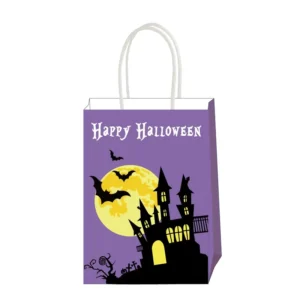 Custom Printed White Kraft Paper Halloween Gift Bag with UV Printing Drawstring for Craft Candle Treats Party Snack Packaging