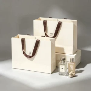 Custom Printed White Matte-Coated Paper Gift Bags with Logo, Retail Shopping Packaging