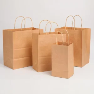Custom Printed White and Brown Kraft Paper Takeout Bags with Handles for Cafe and Food Takeaway