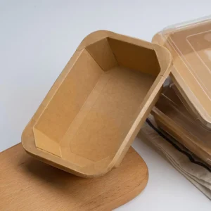 Custom Printing Microwavable Kraft Paper Bowl Tray with Lid, Rectangular Octagonal