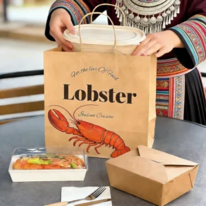 Custom Recyclable Biodegradable Disposable Kraft Paper Bag with Handles for Restaurant Takeaway