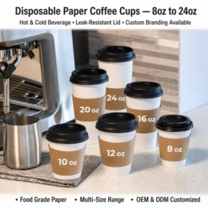 Custom Recyclable Disposable Cardboard Coffee Cups with Lids, 8oz-32oz