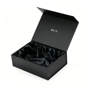 Custom Recyclable Rigid Cardboard Gift Packaging Boxes Magnetic Lid Closure Black Book Shape Satin Paper