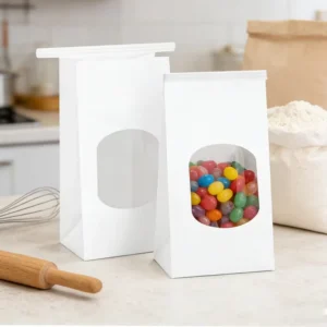 Custom Recyclable Small Bakery Bags Window Tin Tie Tab Lock Kraft White Paper Bags For Coffee Beans Cookies Treats Snacks Pizza