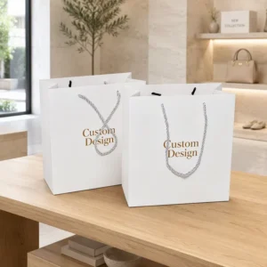 Custom Recyclable White Paper Shopping Gift Bags for Cosmetics and Retail Packaging