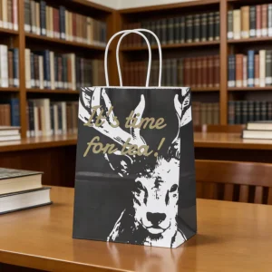 Custom Recycled Brown Kraft Paper Food Takeaway Bag with Handles and Black-White Printing